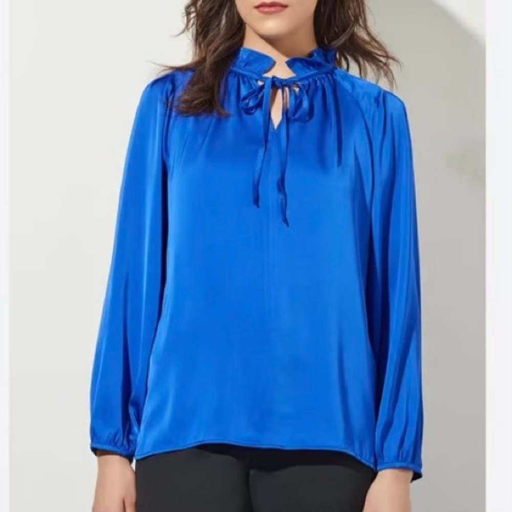 Ming Wang Ruffled Satin Blouse Women’s Size XL Tie Neckline Peasant Relaxed Fit